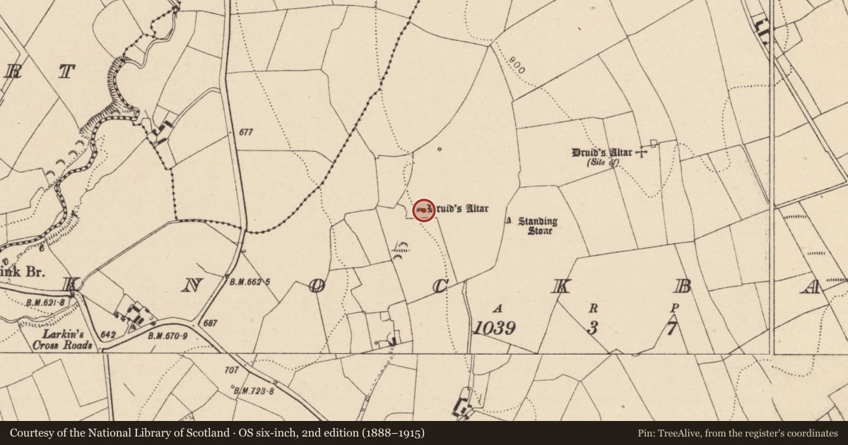 Ordnance Survey six-inch map, 2nd edition (1888–1915) covering the location of Megalithic structure, Knockbaun, County Laois, with a pin at the register's coordinates