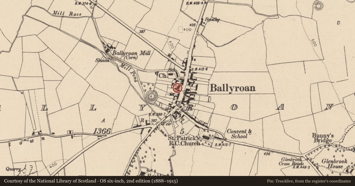 Ordnance Survey six-inch map, 2nd edition (1888–1915) covering the location of Building, Ballyroan, County Laois, with a pin at the register's coordinates