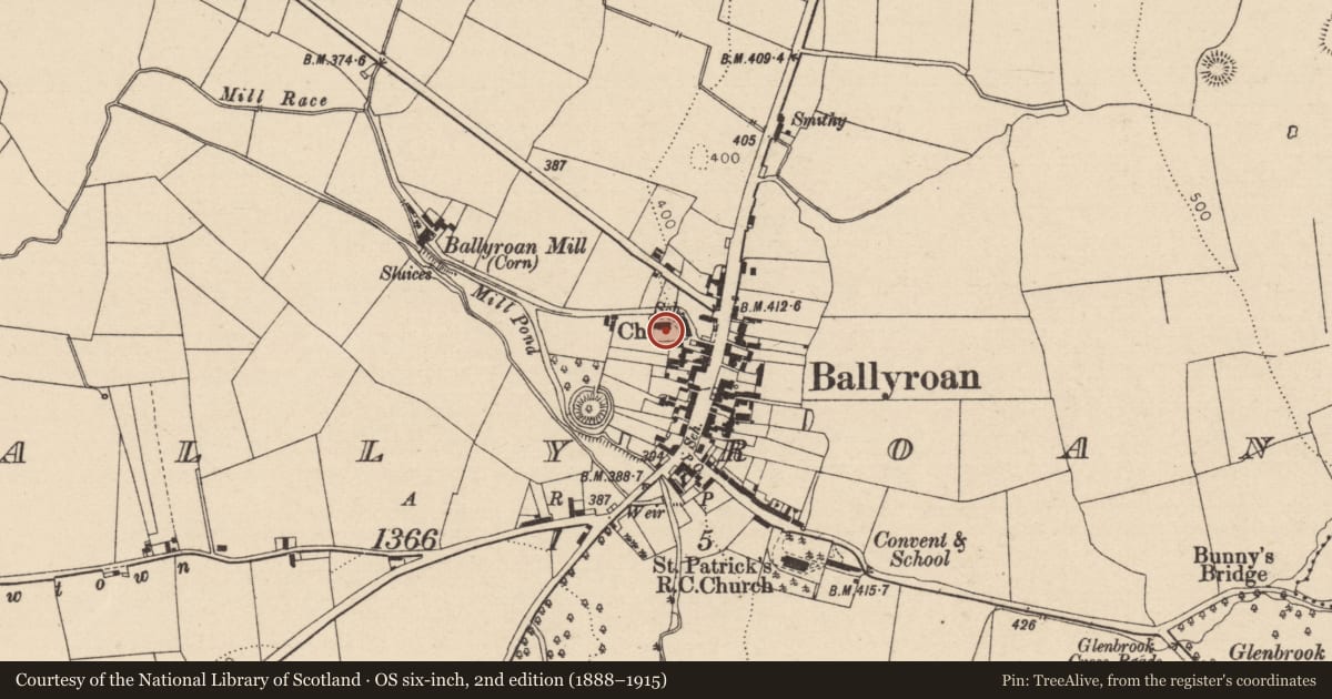Ordnance Survey six-inch map, 2nd edition (1888–1915) covering the location of Church, Ballyroan, County Laois, with a pin at the register's coordinates