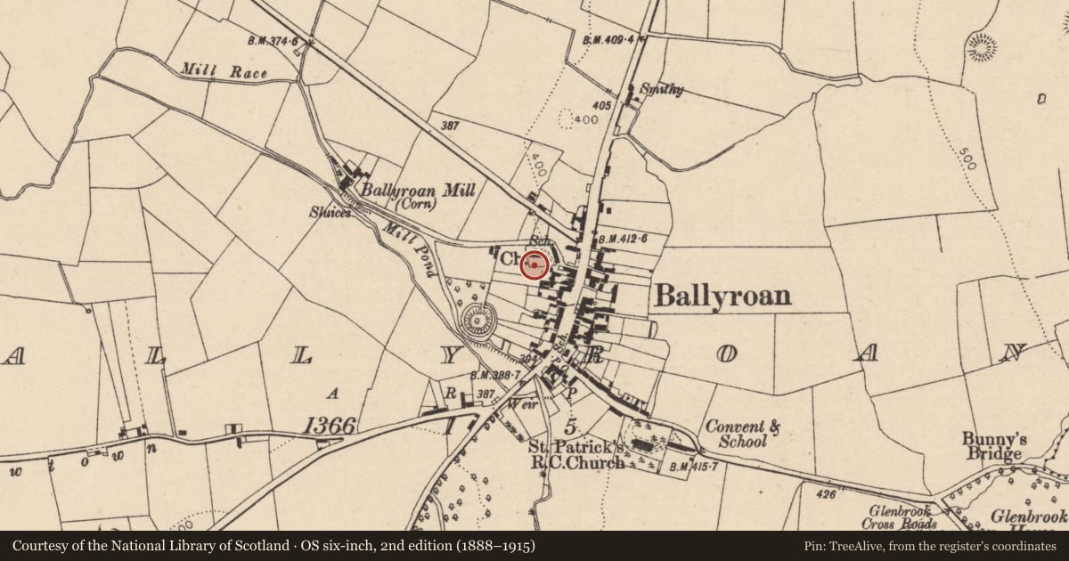 Ordnance Survey six-inch map, 2nd edition (1888–1915) covering the location of Graveyard, Ballyroan, County Laois, with a pin at the register's coordinates