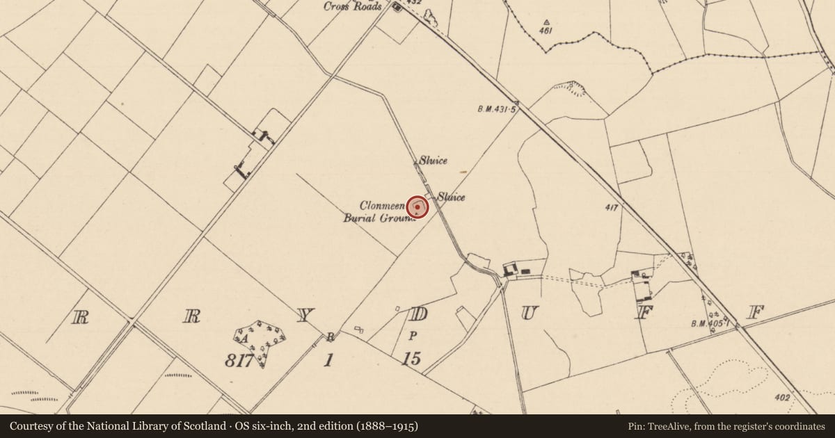 Ordnance Survey six-inch map, 2nd edition (1888–1915) covering the location of Bullaun stone, Garryduff, County Laois, with a pin at the register's coordinates
