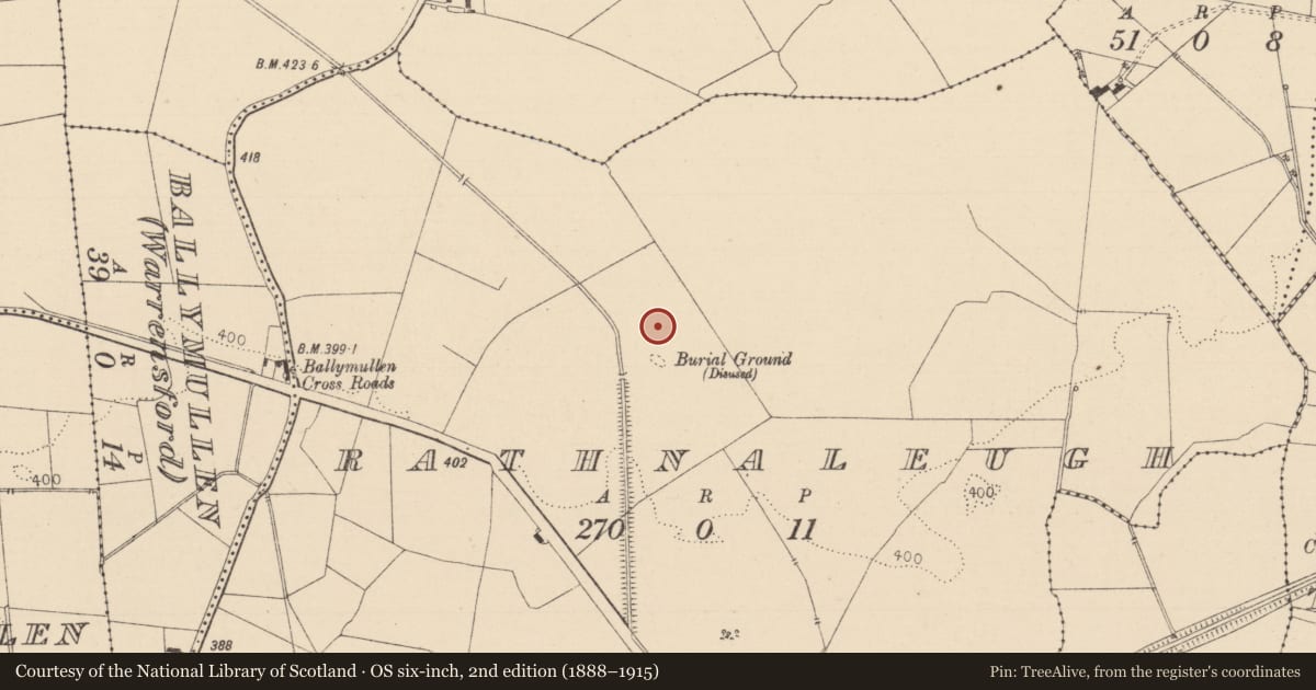 Ordnance Survey six-inch map, 2nd edition (1888–1915) covering the location of Graveyard, Rathnaleugh, County Laois, with a pin at the register's coordinates