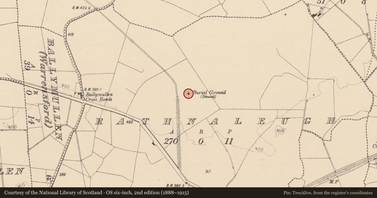 Ordnance Survey six-inch map, 2nd edition (1888–1915) covering the location of Ritual site - holy tree/bush, Rathnaleugh, County Laois, with a pin at the register's coordinates