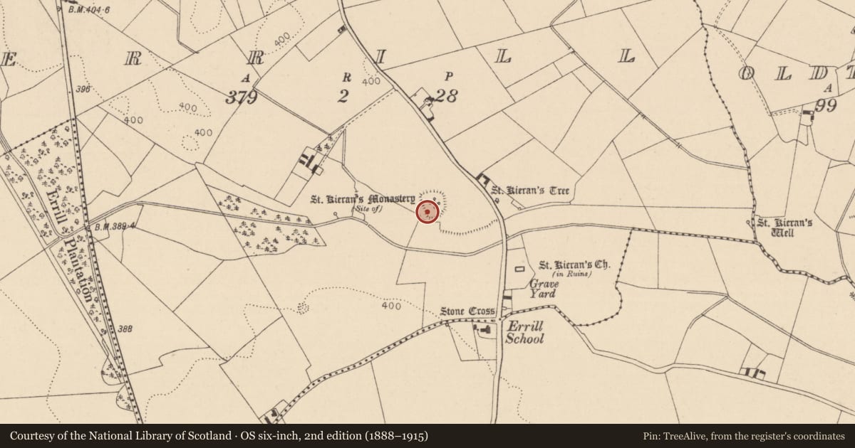Ordnance Survey six-inch map, 2nd edition (1888–1915) covering the location of Ecclesiastical enclosure, Errill, County Laois, with a pin at the register's coordinates