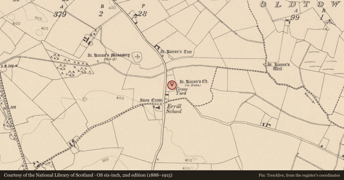 Ordnance Survey six-inch map, 2nd edition (1888–1915) covering the location of Church, Errill, County Laois, with a pin at the register's coordinates