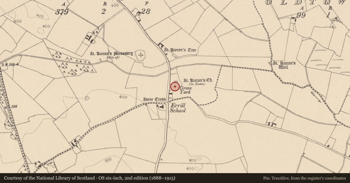 Ordnance Survey six-inch map, 2nd edition (1888–1915) covering the location of Graveyard, Errill, County Laois, with a pin at the register's coordinates