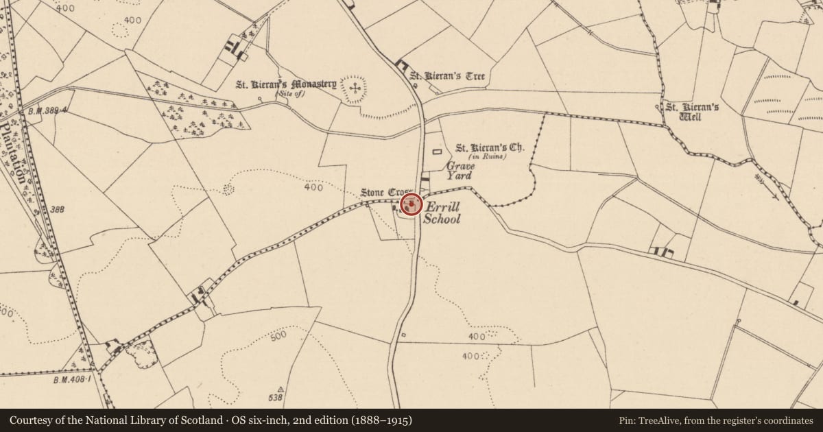 Ordnance Survey six-inch map, 2nd edition (1888–1915) covering the location of Cross - Wayside cross, Ballagharahin, County Laois, with a pin at the register's coordinates