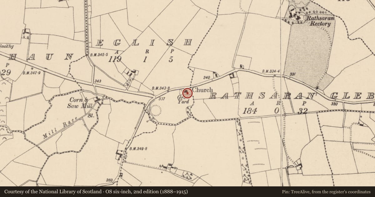 Ordnance Survey six-inch map, 2nd edition (1888–1915) covering the location of Graveyard, Eglish, County Laois, with a pin at the register's coordinates