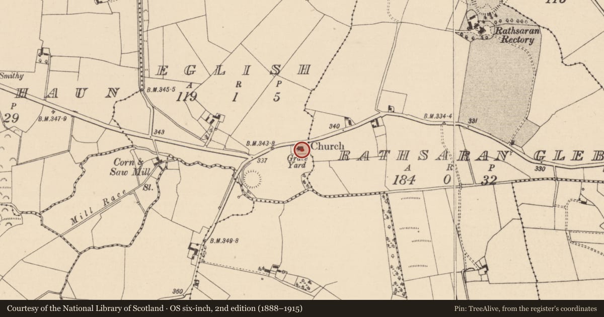 Ordnance Survey six-inch map, 2nd edition (1888–1915) covering the location of Church, Eglish, County Laois, with a pin at the register's coordinates