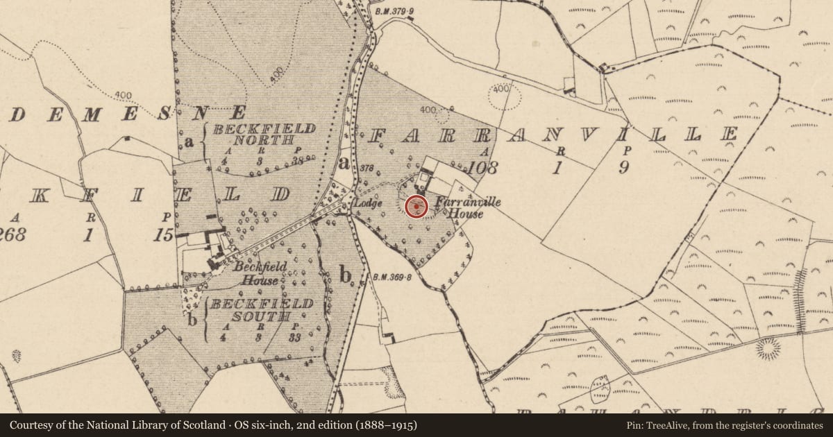 Ordnance Survey six-inch map, 2nd edition (1888–1915) covering the location of Designed landscape feature, Farranville, County Laois, with a pin at the register's coordinates
