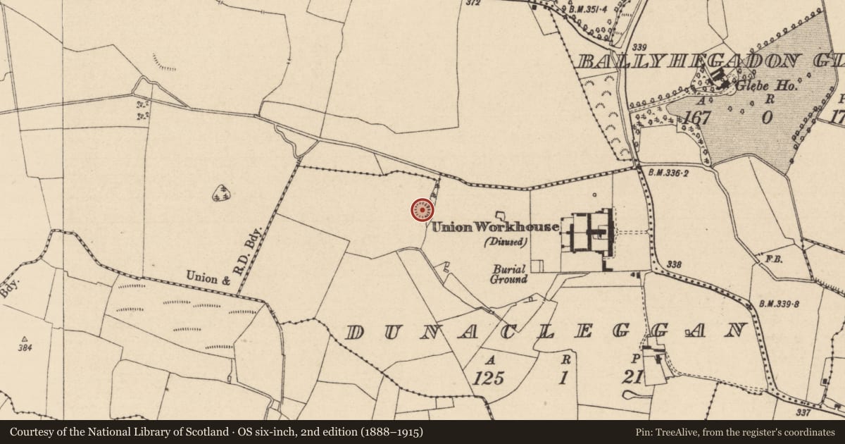 Ordnance Survey six-inch map, 2nd edition (1888–1915) covering the location of Enclosure, Dunacleggan, County Laois, with a pin at the register's coordinates
