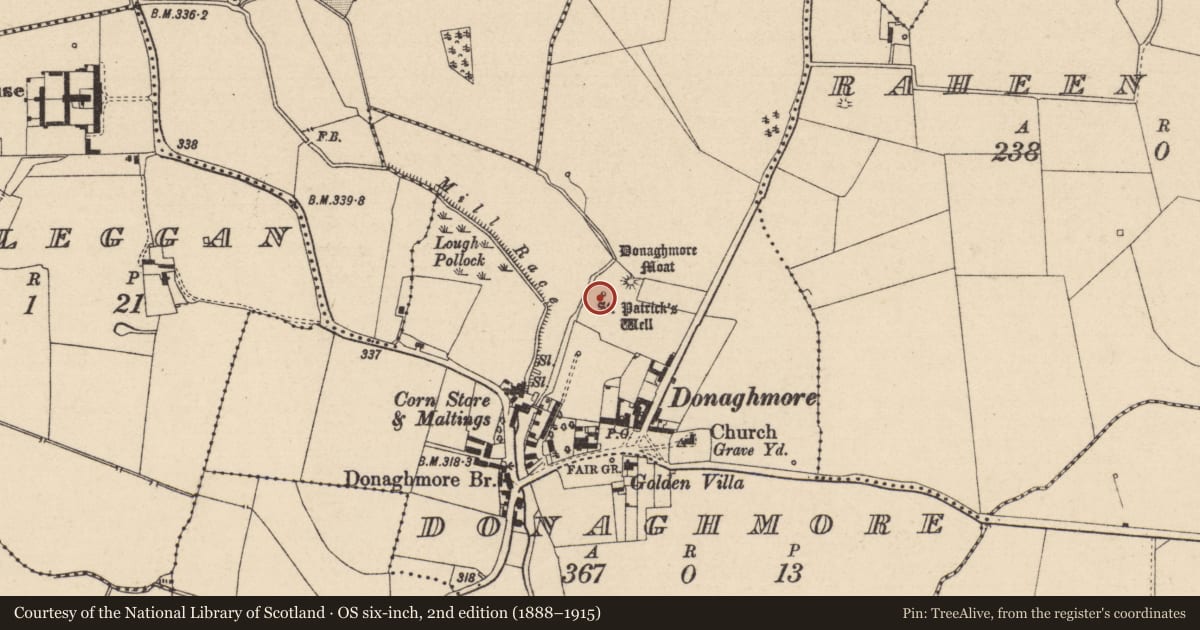 Ordnance Survey six-inch map, 2nd edition (1888–1915) covering the location of Ritual site - holy well, Donaghmore, County Laois, with a pin at the register's coordinates