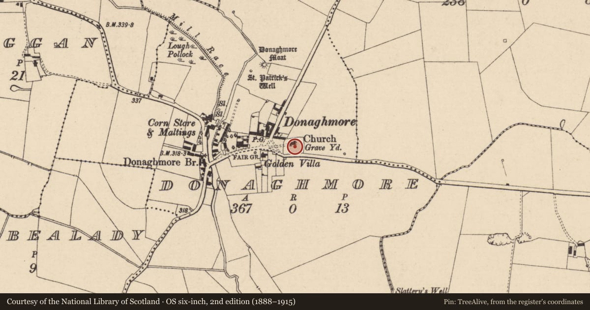 Ordnance Survey six-inch map, 2nd edition (1888–1915) covering the location of Church, Donaghmore, County Laois, with a pin at the register's coordinates