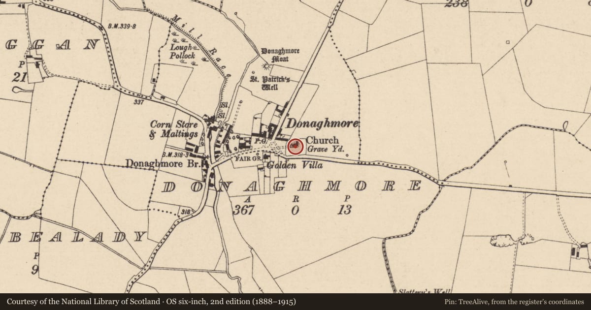 Ordnance Survey six-inch map, 2nd edition (1888–1915) covering the location of Graveyard, Donaghmore, County Laois, with a pin at the register's coordinates