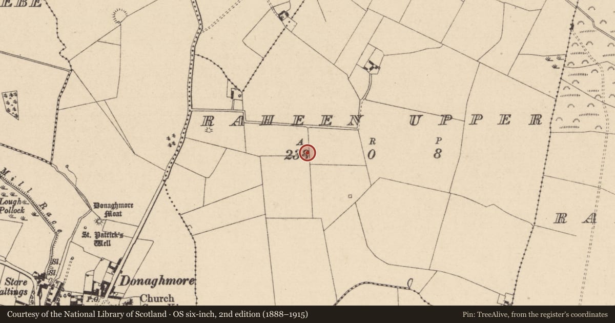 Ordnance Survey six-inch map, 2nd edition (1888–1915) covering the location of Enclosure, Raheen Upper, County Laois, with a pin at the register's coordinates