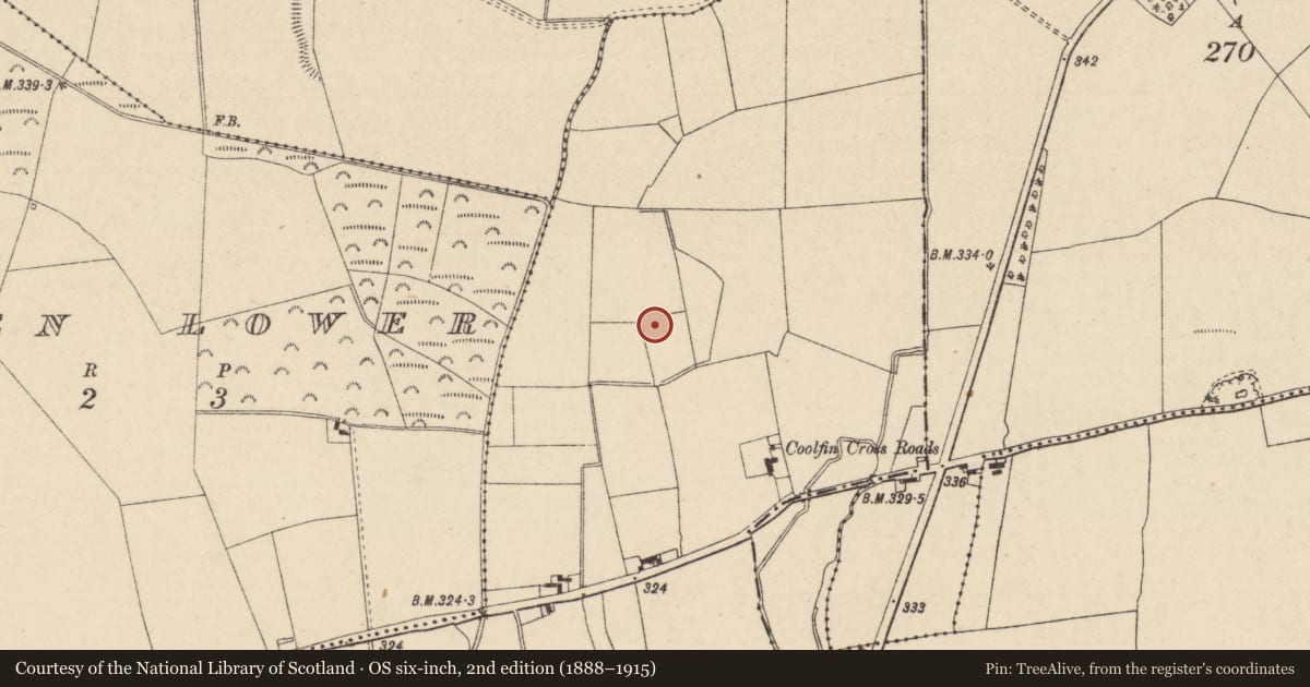 Ordnance Survey six-inch map, 2nd edition (1888–1915) covering the location of Enclosure, Ballycoolid, County Laois, with a pin at the register's coordinates