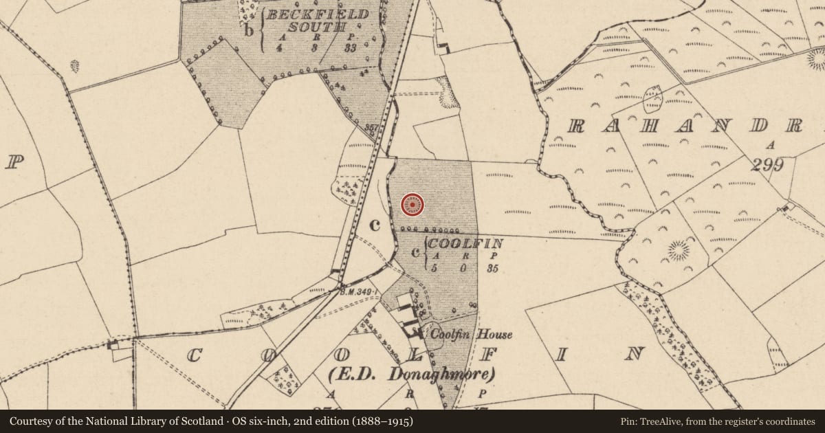 Ordnance Survey six-inch map, 2nd edition (1888–1915) covering the location of Well, Coolfin, County Laois, with a pin at the register's coordinates