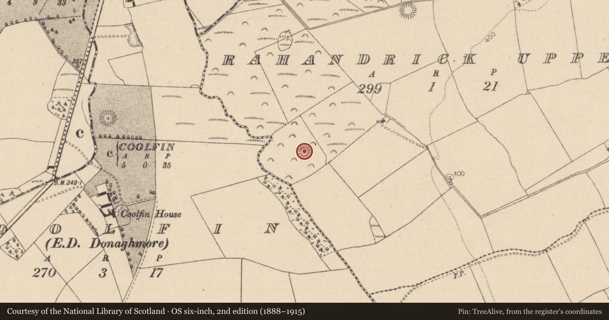 Ordnance Survey six-inch map, 2nd edition (1888–1915) covering the location of Ringfort - rath, Rahandrick Upper, County Laois, with a pin at the register's coordinates