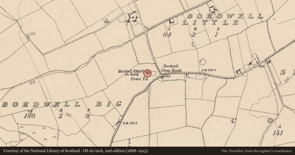 Ordnance Survey six-inch map, 2nd edition (1888–1915) covering the location of Church, Bordwell Big, County Laois, with a pin at the register's coordinates