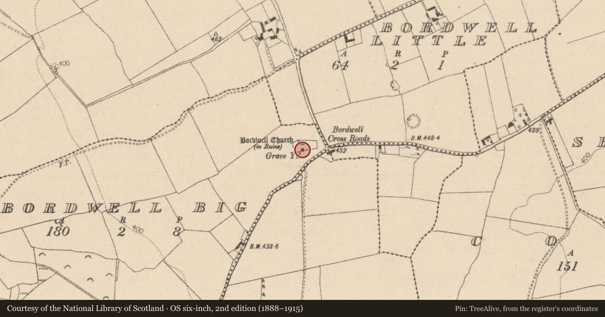 Ordnance Survey six-inch map, 2nd edition (1888–1915) covering the location of Graveyard, Bordwell Big, County Laois, with a pin at the register's coordinates