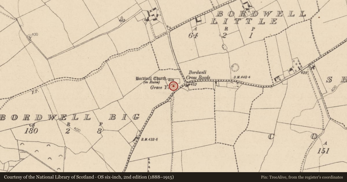 Ordnance Survey six-inch map, 2nd edition (1888–1915) covering the location of Ecclesiastical enclosure, Bordwell Big, County Laois, with a pin at the register's coordinates