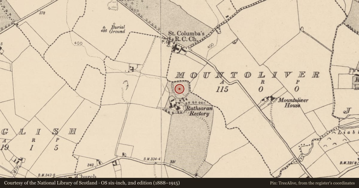 Ordnance Survey six-inch map, 2nd edition (1888–1915) covering the location of Moated site, Mountoliver, Rathsaran Glebe, County Laois, with a pin at the register's coordinates