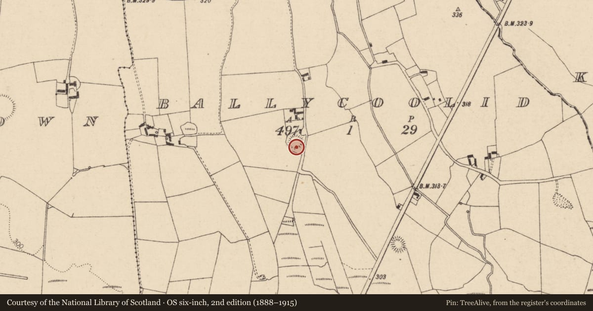 Ordnance Survey six-inch map, 2nd edition (1888–1915) covering the location of Enclosure, Ballycoolid, County Laois, with a pin at the register's coordinates