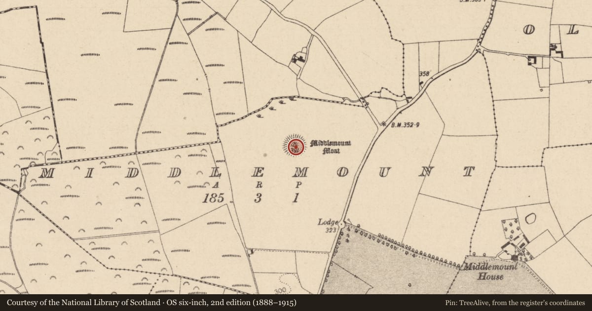 Ordnance Survey six-inch map, 2nd edition (1888–1915) covering the location of Castle - motte and bailey, Middlemount, County Laois, with a pin at the register's coordinates