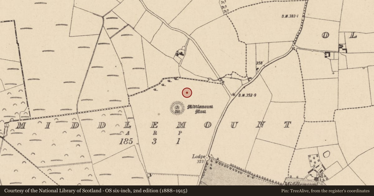 Ordnance Survey six-inch map, 2nd edition (1888–1915) covering the location of Settlement deserted - medieval, Middlemount, County Laois, with a pin at the register's coordinates