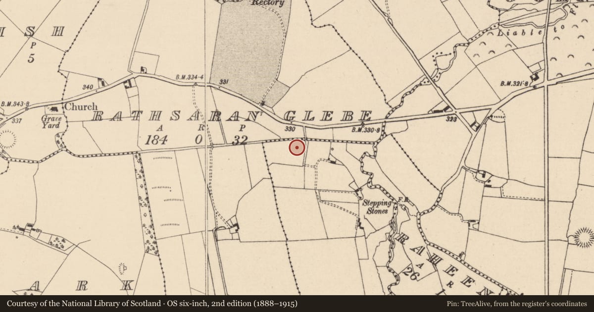 Ordnance Survey six-inch map, 2nd edition (1888–1915) covering the location of Enclosure, Lyroge, County Laois, with a pin at the register's coordinates