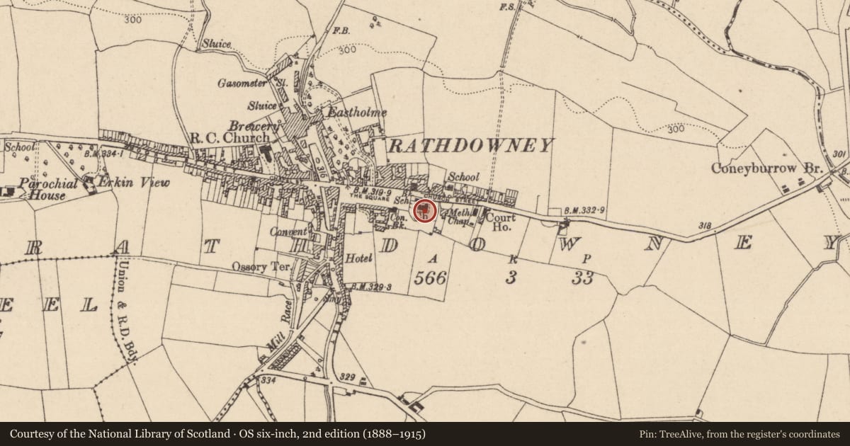 Ordnance Survey six-inch map, 2nd edition (1888–1915) covering the location of Church, Rathdowney, County Laois, with a pin at the register's coordinates