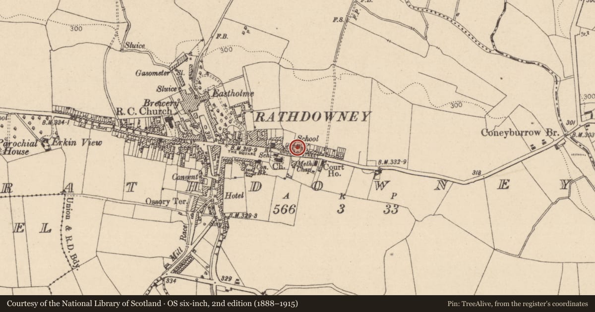 Ordnance Survey six-inch map, 2nd edition (1888–1915) covering the location of Graveyard, Rathdowney, County Laois, with a pin at the register's coordinates