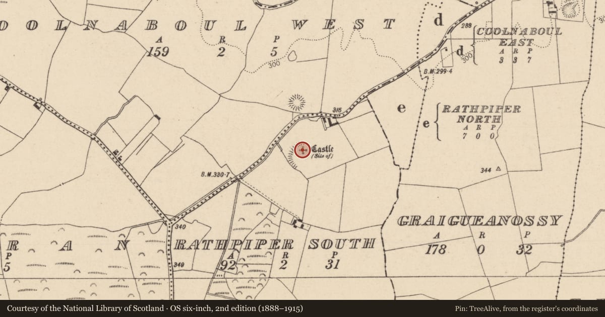 Ordnance Survey six-inch map, 2nd edition (1888–1915) covering the location of Castle - unclassified, Rathpiper South, County Laois, with a pin at the register's coordinates