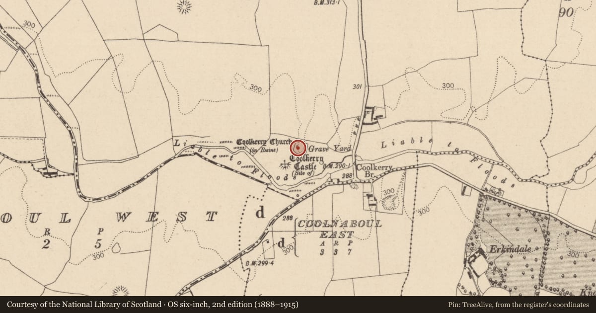 Ordnance Survey six-inch map, 2nd edition (1888–1915) covering the location of Church, Coolkerry, County Laois, with a pin at the register's coordinates
