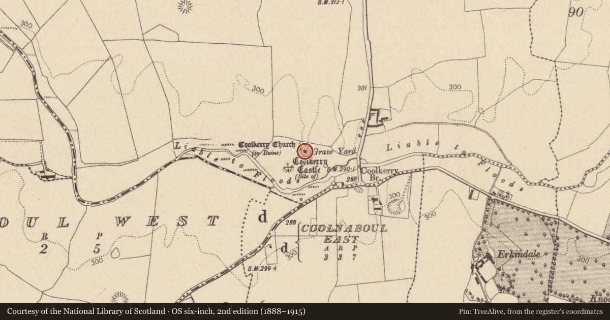 Ordnance Survey six-inch map, 2nd edition (1888–1915) covering the location of Graveyard, Coolkerry, County Laois, with a pin at the register's coordinates