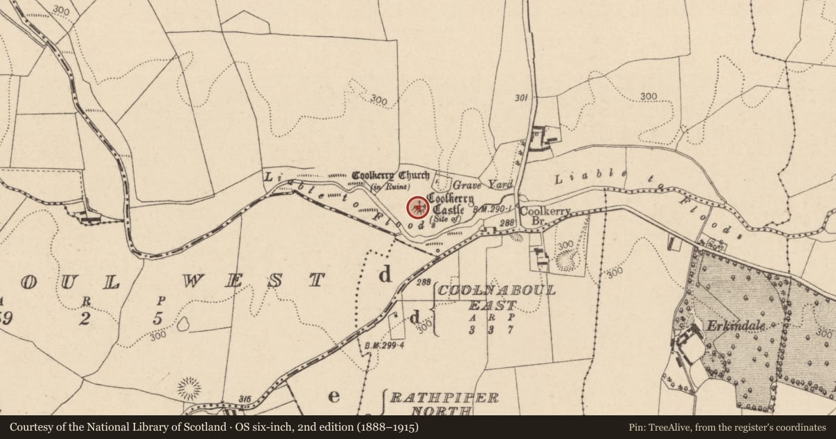 Ordnance Survey six-inch map, 2nd edition (1888–1915) covering the location of Castle - unclassified, Coolkerry, County Laois, with a pin at the register's coordinates