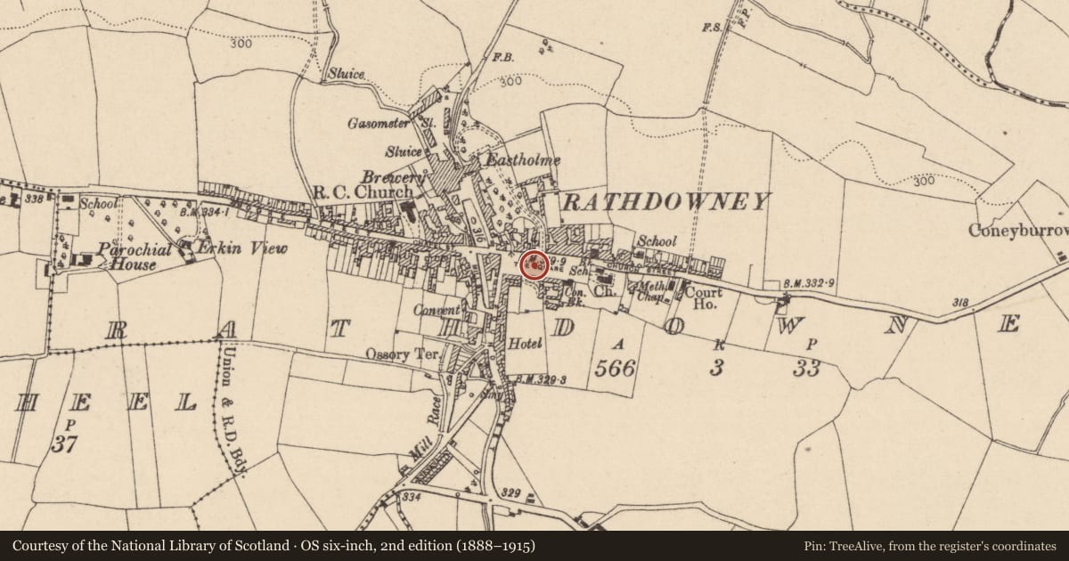 Ordnance Survey six-inch map, 2nd edition (1888–1915) covering the location of Historic town, Rathdowney, County Laois, with a pin at the register's coordinates