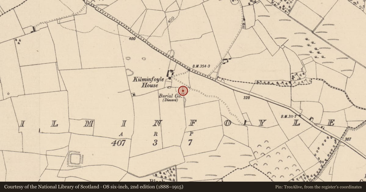 Ordnance Survey six-inch map, 2nd edition (1888–1915) covering the location of Church, Kilminfoyle, County Laois, with a pin at the register's coordinates