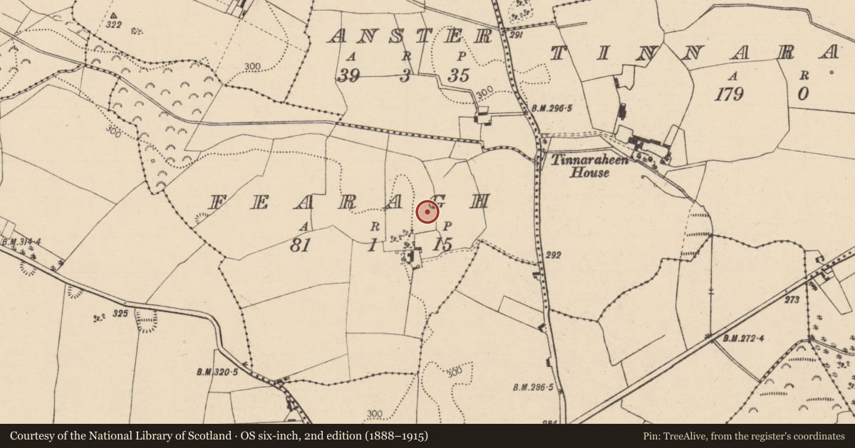 Ordnance Survey six-inch map, 2nd edition (1888–1915) covering the location of Fulacht fia, Fearagh, County Laois, with a pin at the register's coordinates