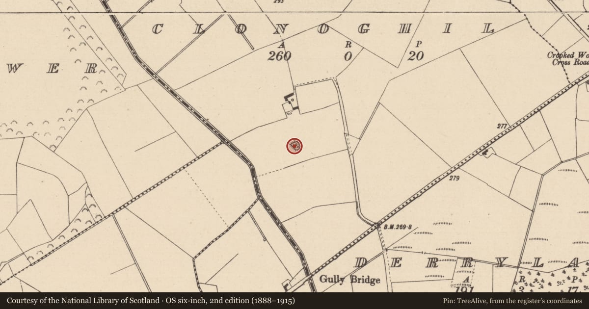 Ordnance Survey six-inch map, 2nd edition (1888–1915) covering the location of Moated site, Clonoghil, County Laois, with a pin at the register's coordinates