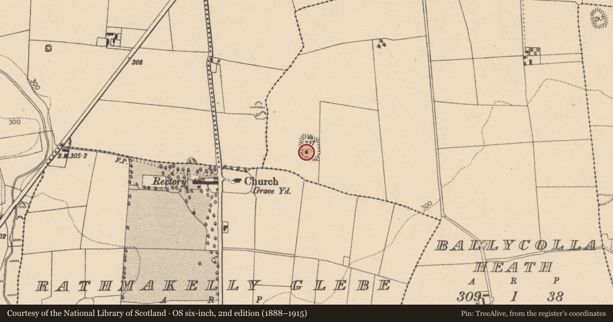 Ordnance Survey six-inch map, 2nd edition (1888–1915) covering the location of Moated site, Ballycolla Heath, County Laois, with a pin at the register's coordinates