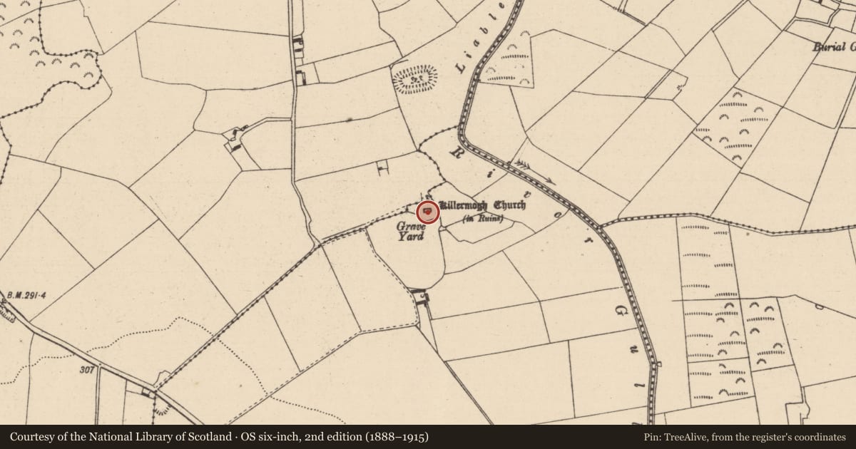 Ordnance Survey six-inch map, 2nd edition (1888–1915) covering the location of Church, Killermogh, County Laois, with a pin at the register's coordinates