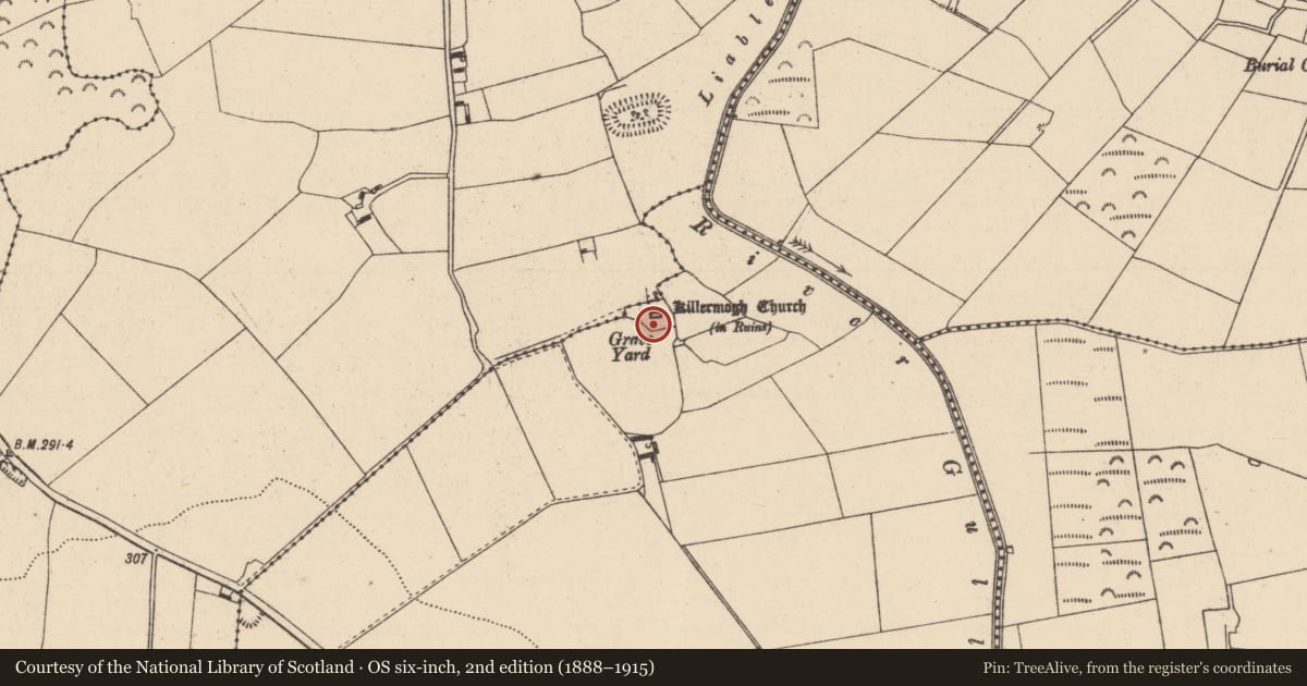Ordnance Survey six-inch map, 2nd edition (1888–1915) covering the location of Graveyard, Killermogh, County Laois, with a pin at the register's coordinates