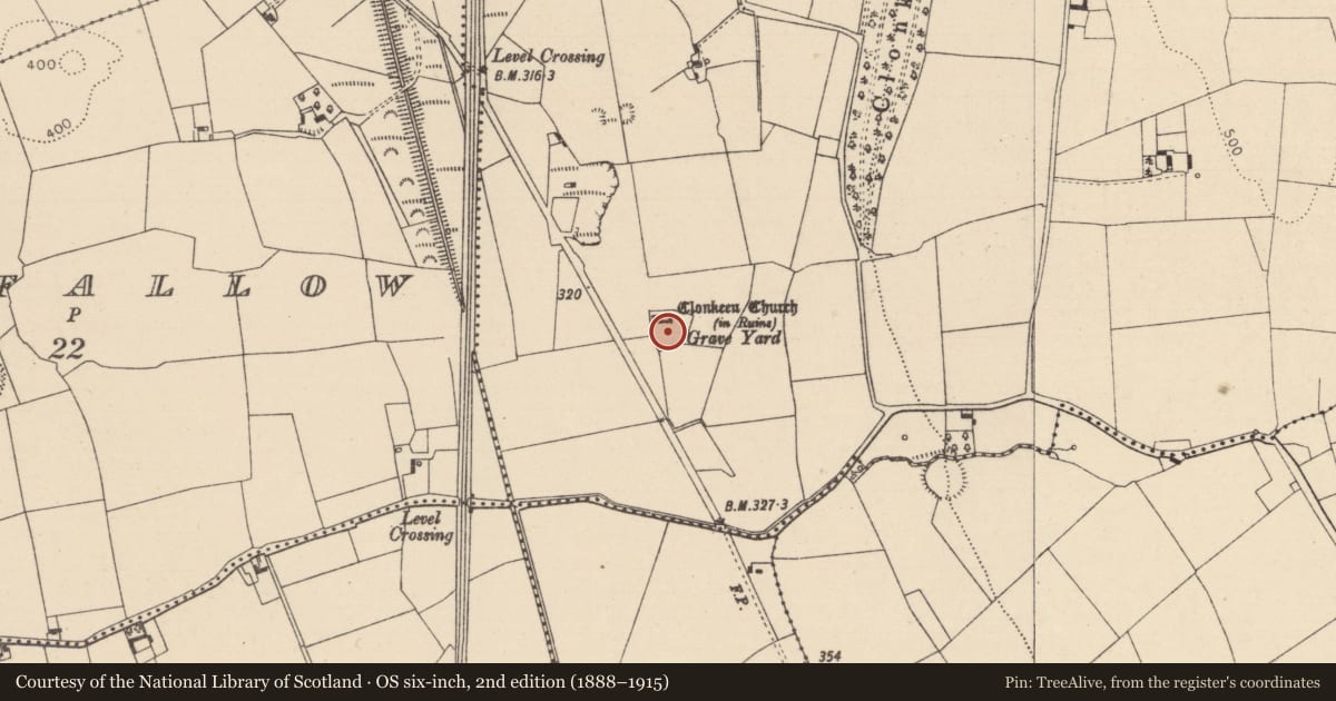 Ordnance Survey six-inch map, 2nd edition (1888–1915) covering the location of Graveyard, Clonkeen, County Laois, with a pin at the register's coordinates