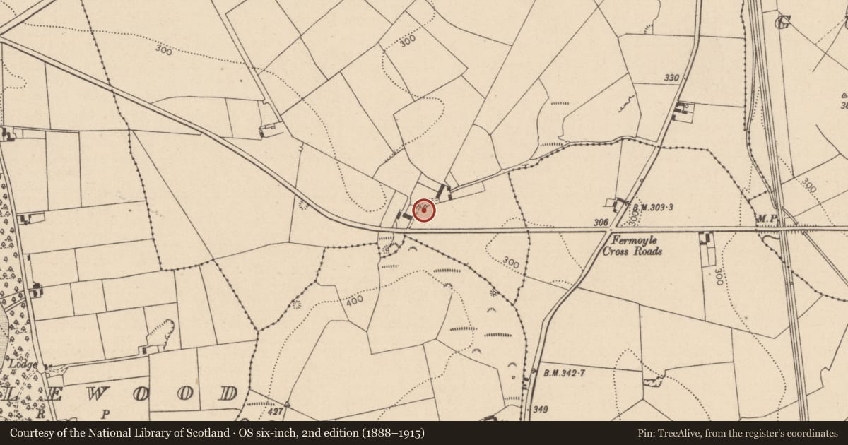Ordnance Survey six-inch map, 2nd edition (1888–1915) covering the location of House - fortified house, Fermoyle, County Laois, with a pin at the register's coordinates