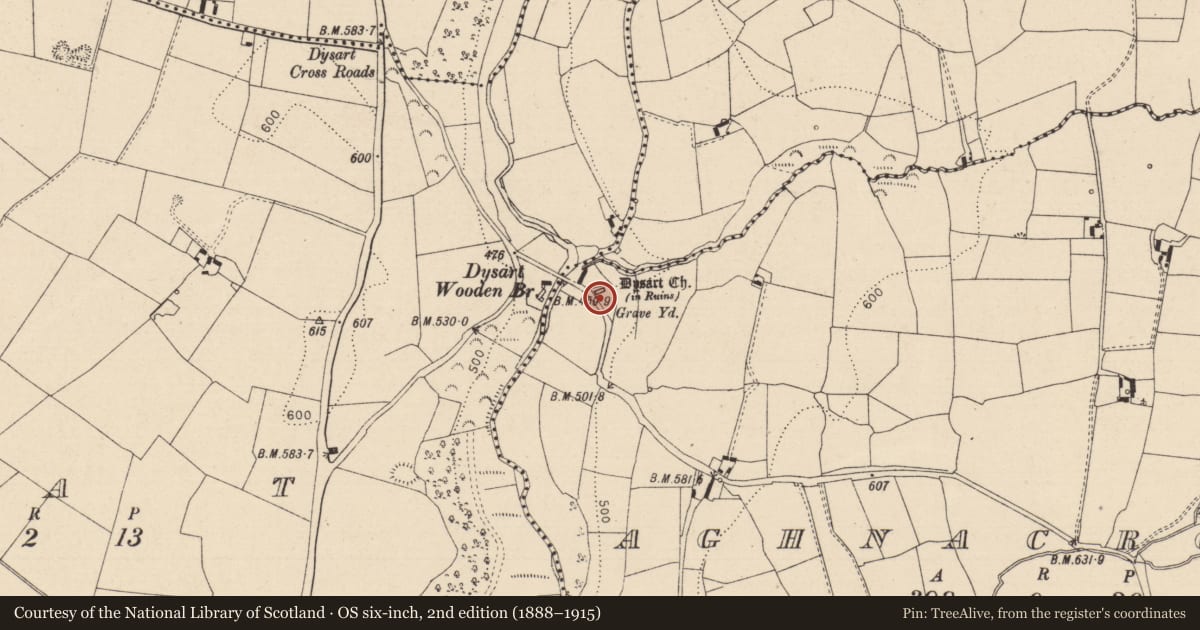 Ordnance Survey six-inch map, 2nd edition (1888–1915) covering the location of Church, Aghnacross, County Laois, with a pin at the register's coordinates