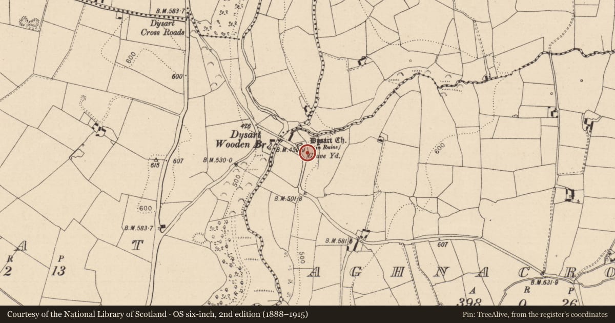 Ordnance Survey six-inch map, 2nd edition (1888–1915) covering the location of Graveyard, Aghnacross, County Laois, with a pin at the register's coordinates