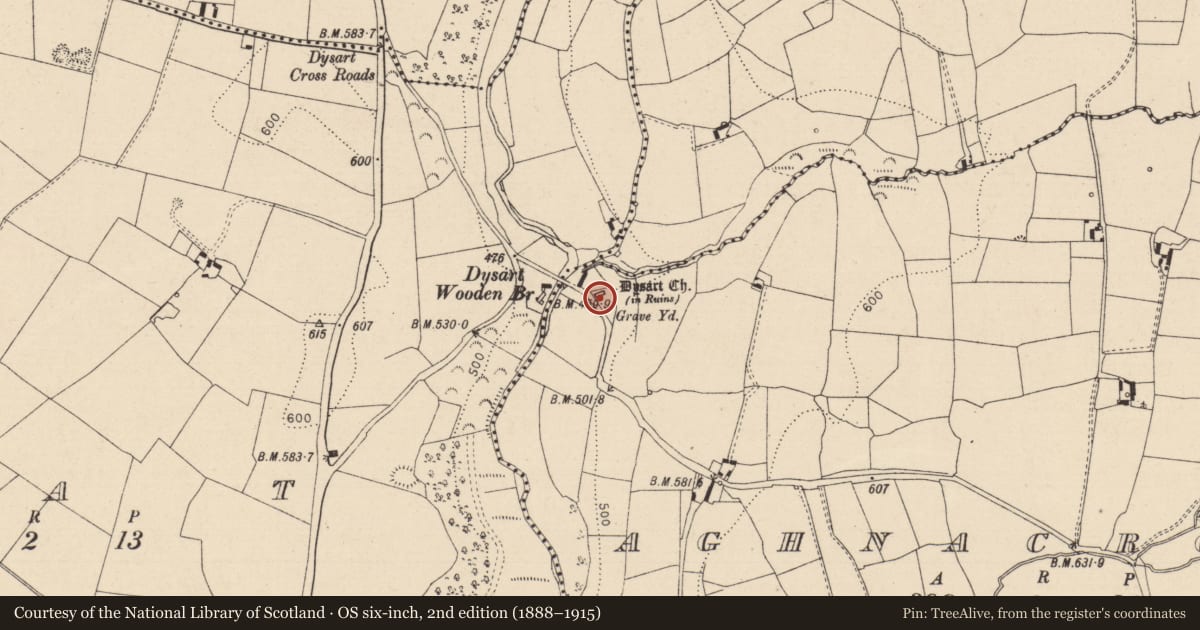 Ordnance Survey six-inch map, 2nd edition (1888–1915) covering the location of Cross, Aghnacross, County Laois, with a pin at the register's coordinates