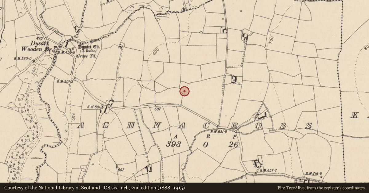 Ordnance Survey six-inch map, 2nd edition (1888–1915) covering the location of Enclosure, Aghnacross, County Laois, with a pin at the register's coordinates