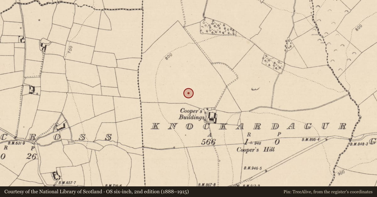 Ordnance Survey six-inch map, 2nd edition (1888–1915) covering the location of Enclosure, Knockardagur, County Laois, with a pin at the register's coordinates